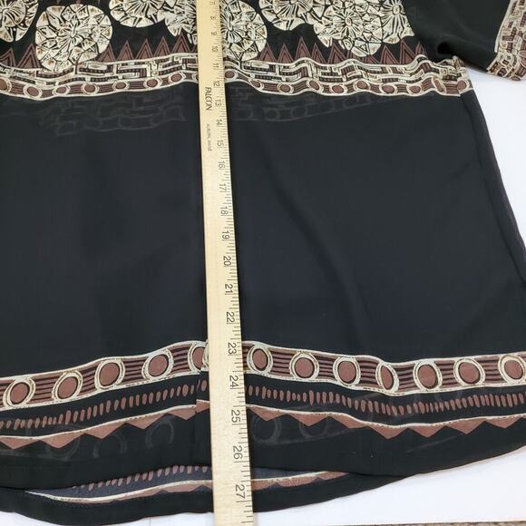 Aloha Womens Blouse Large Abstract Tapa & Flowers on Black Button Down - Picture 4 of 6